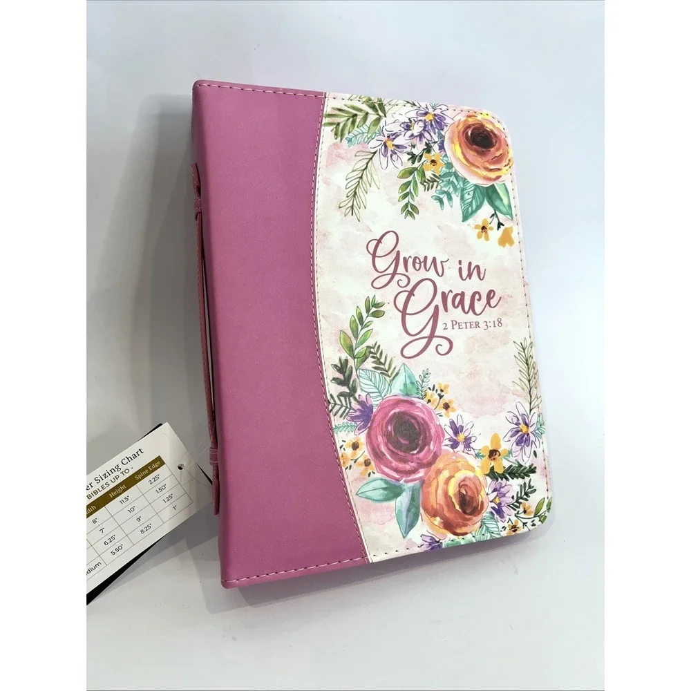 Divinity Bible Cover Grow in Grace Pink Floral Leather 8 x 11 x 3
